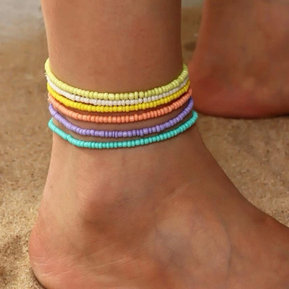 🌈 NEW Colorful Pastel Colors Stretchy Beaded Anklet 6 Set Beachwear